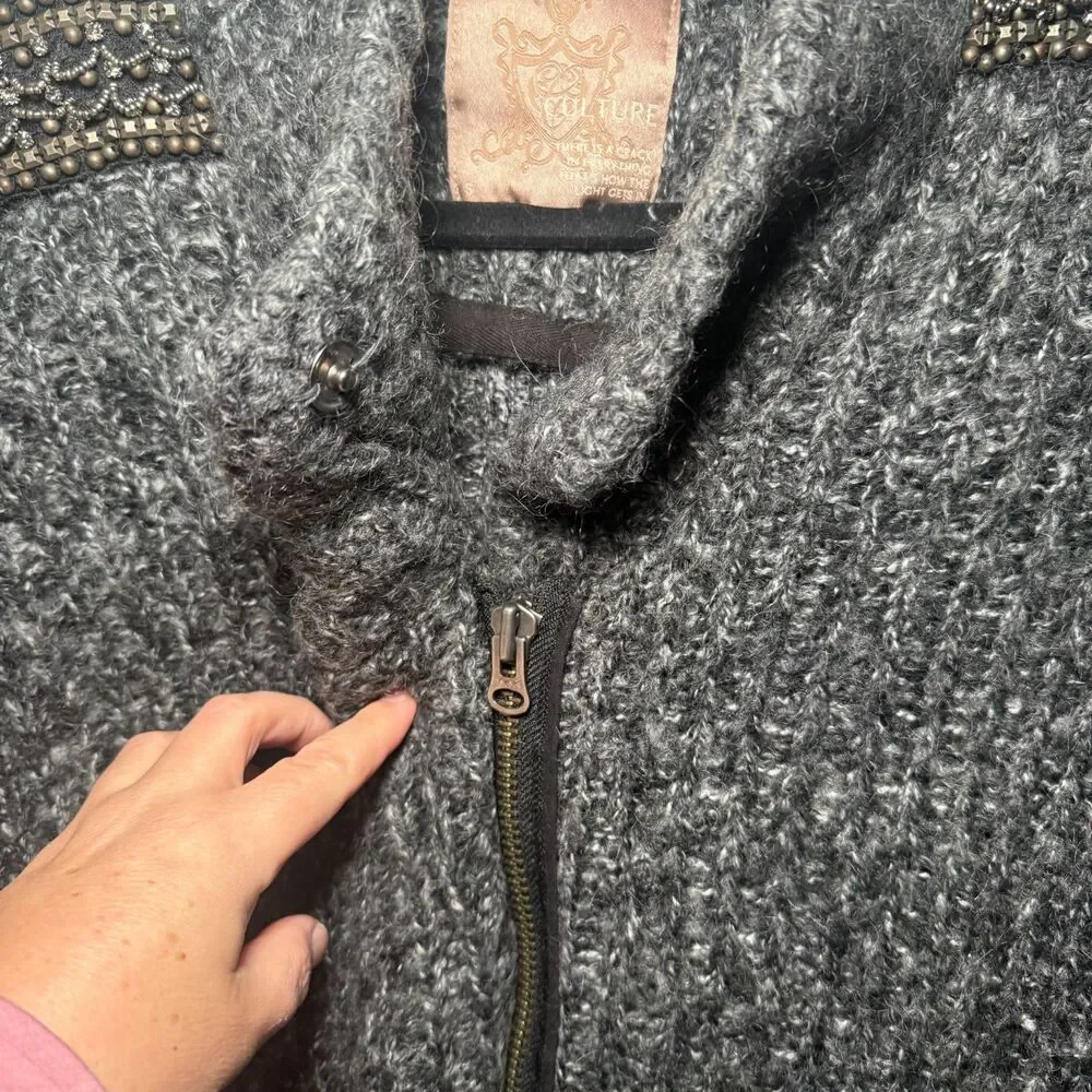 Culture Calvari Knit Cardigan Beaded Shoulder‎ Detail Military Zippers S